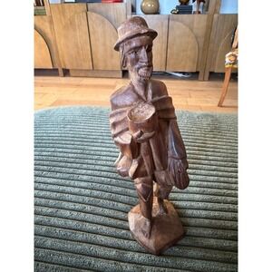 Vintage Hand‎ Carved Wood Statue Figurine Man with Cup & Hat Rustic Decor